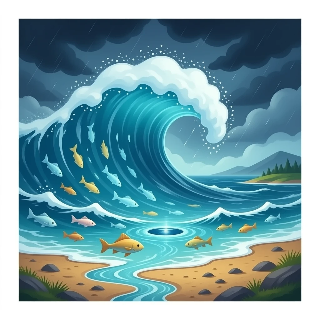 Fish Calling Mantra, a magical vortex summoning a massive wave with a shoal of mystical fish, flooding dry land, water spell effect, mystical skill style. emoji