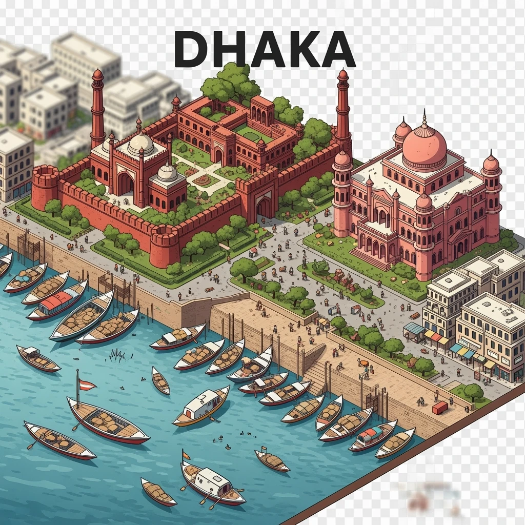 Isometric minimalistic illustration of Dhaka – Lalbagh Fort, Ahsan Manzil, bustling river boats, dirty colorful streets, subtle 3D miniature effect and Tilt Shift effect, no cartoonish look, transparent background. emoji