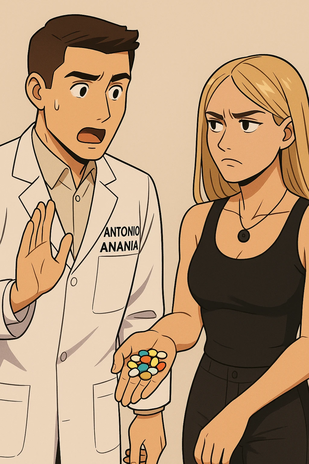 fai un webtoon/manga a colori con questo kinesiologo in camice bianco (fagli la scritta "ANTONIO ANANIA" SUL CAMICE) CHE PARLA CON QUESTA RAGAZZA. LA RAGAZZA HA UN PUGNO DI INTEGRATORI IN MANO (TANTE PILLOLE DIVERSE) E LE GUARDA DUBBIOSA. IL KINESIOLOGO CON IL CAMICE BIANCO LE DOMANDA UNA COSA SCIOCCATO. NON FARE I FUMETTI, FAI SOLO LORO COME SE DIALOGASSERO emoji