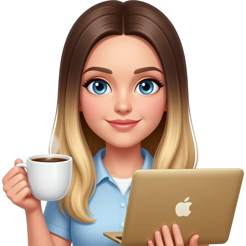 blue eye woman with long straight ombré blond hair coffee and MacBook gold emoji