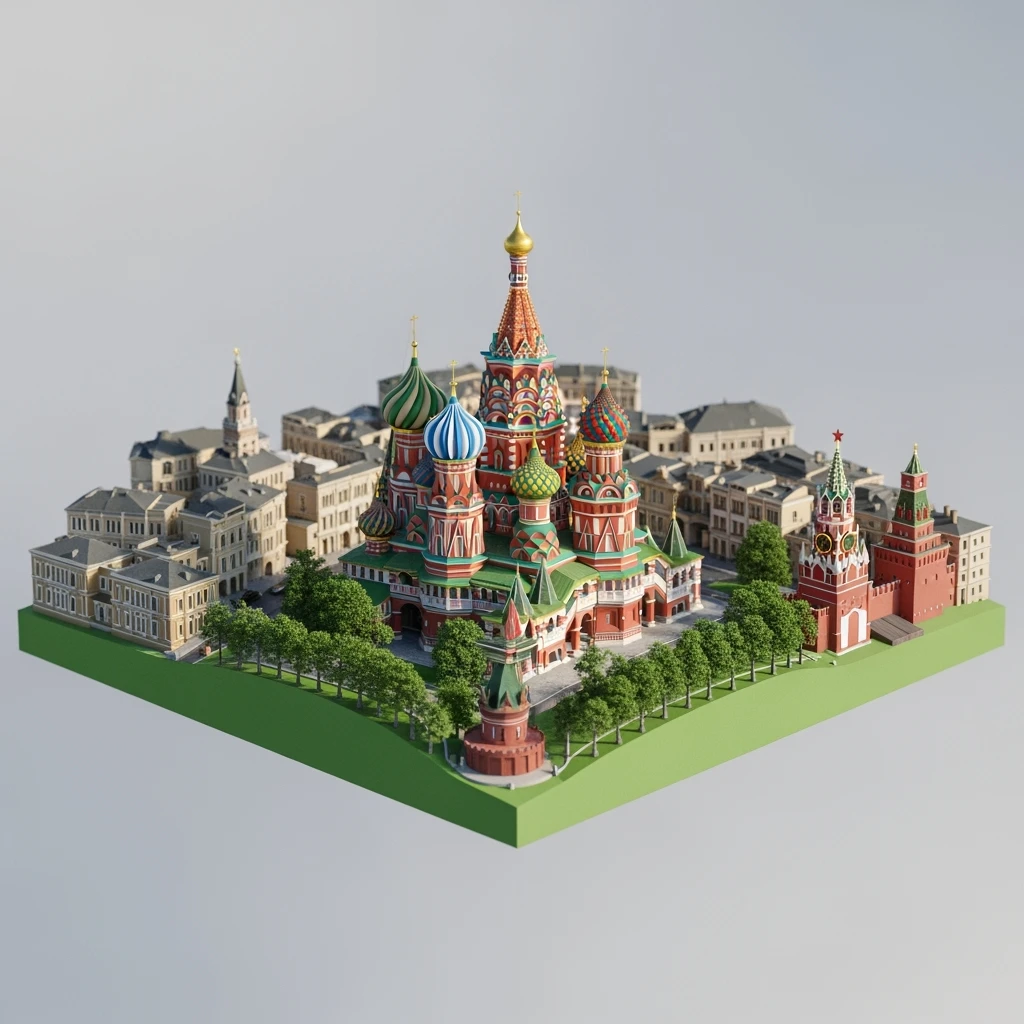 Изометрическая фотореалистичная иллюстрация-модель Москвы в центре Храм Василия Блаженного, баланс между стилизацией и реализмом, эффект миниатюры, прозрачный фон emoji