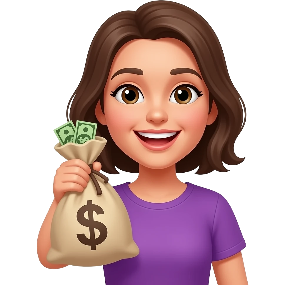 Счастливая женщина с мешком денег в фиолетовой одежде emoji