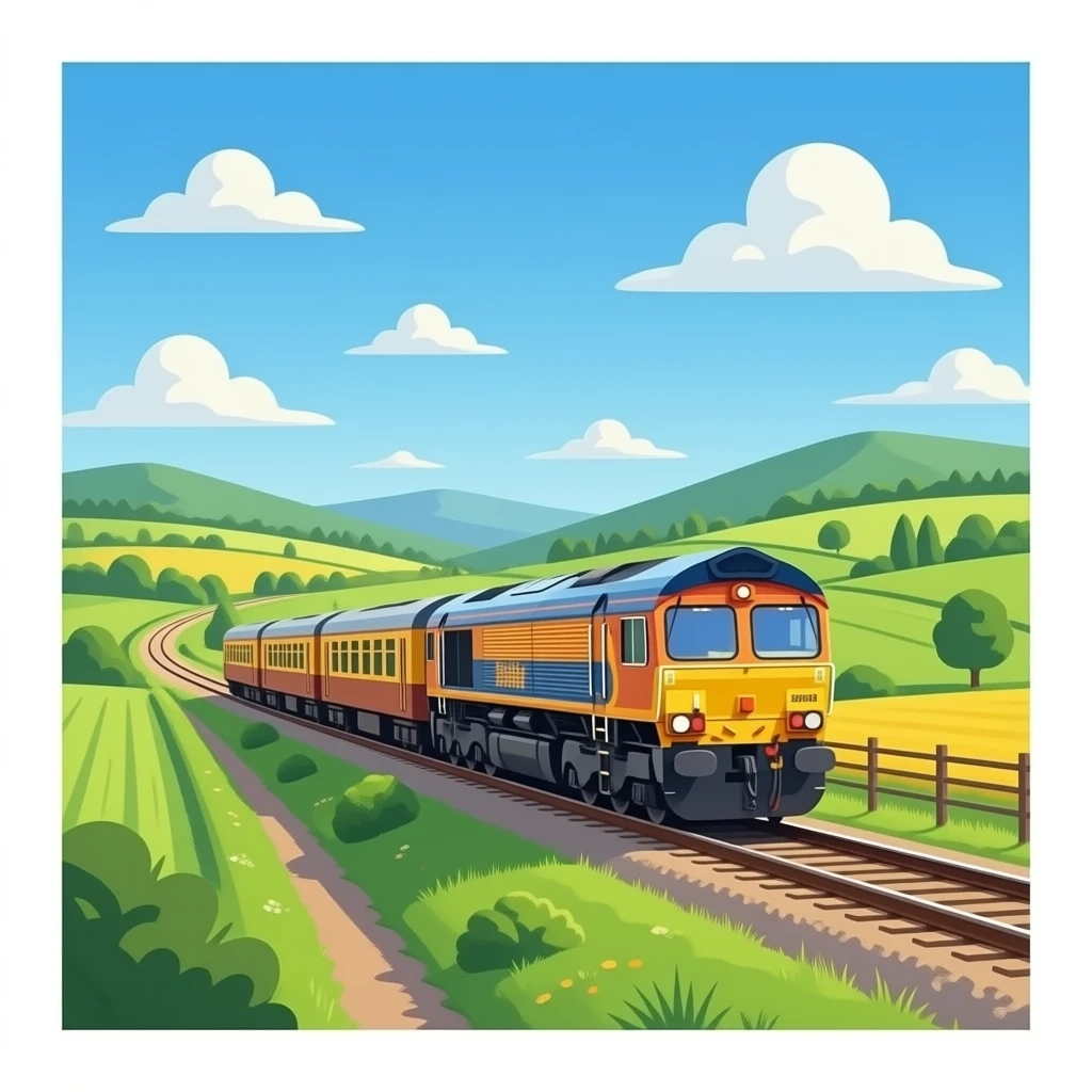 A vibrant pc game style locomotive travelivg trough a countryside emoji