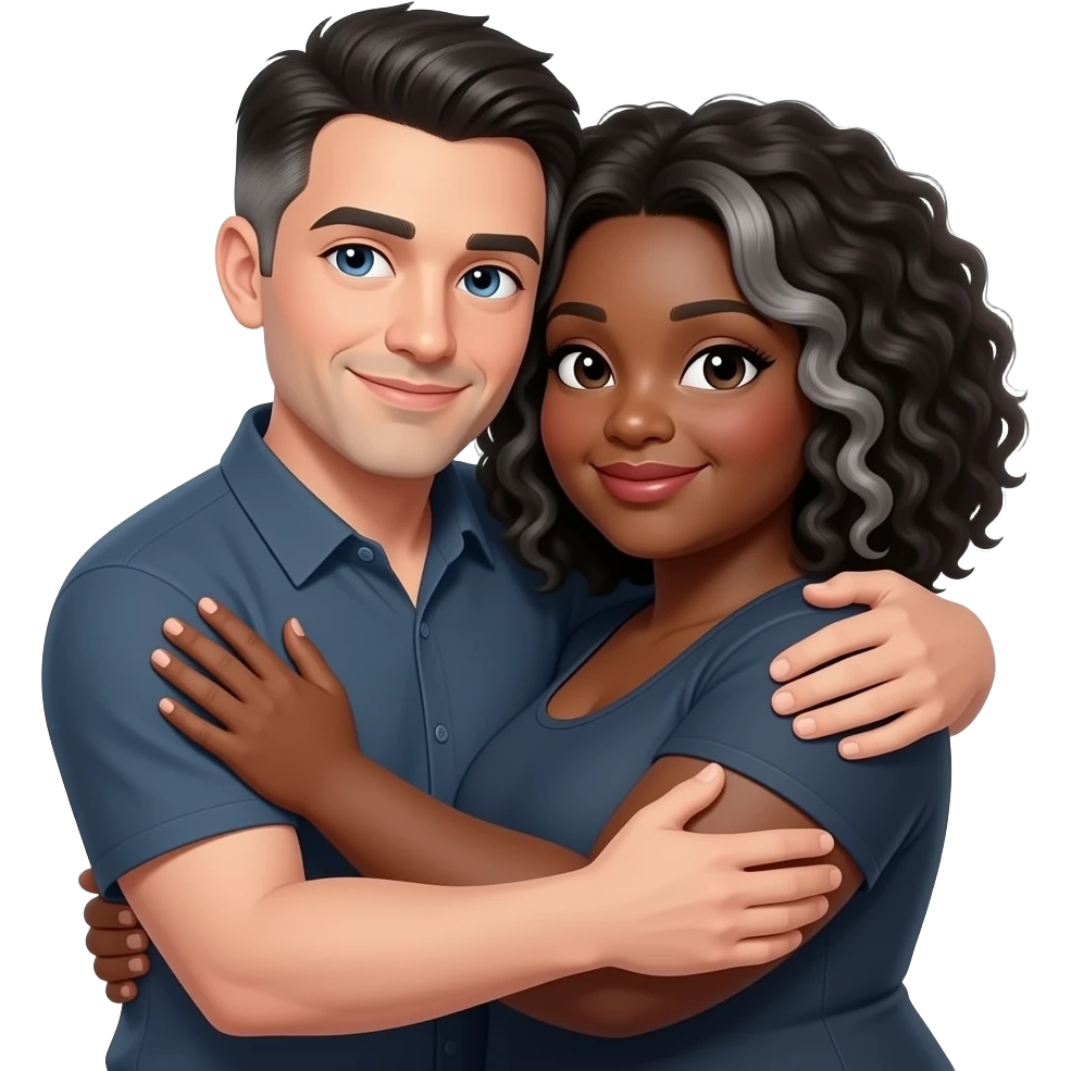 Medium build, white male, dark hair with some grey and blue eyes hugging plus size black woman with medium length Afro hair, some gray emoji