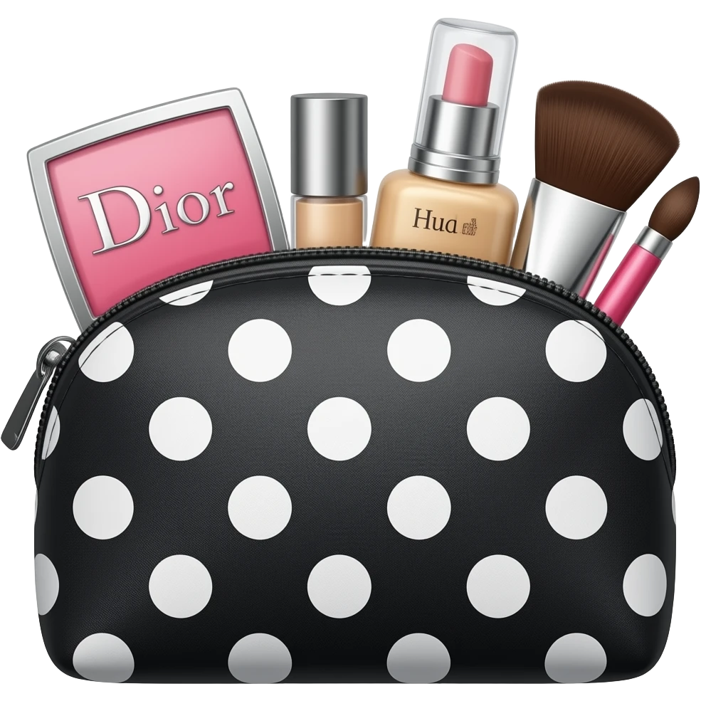 makeup puch with products Dior huda too faced etc the makeup pouch without a face, polka dot emoji