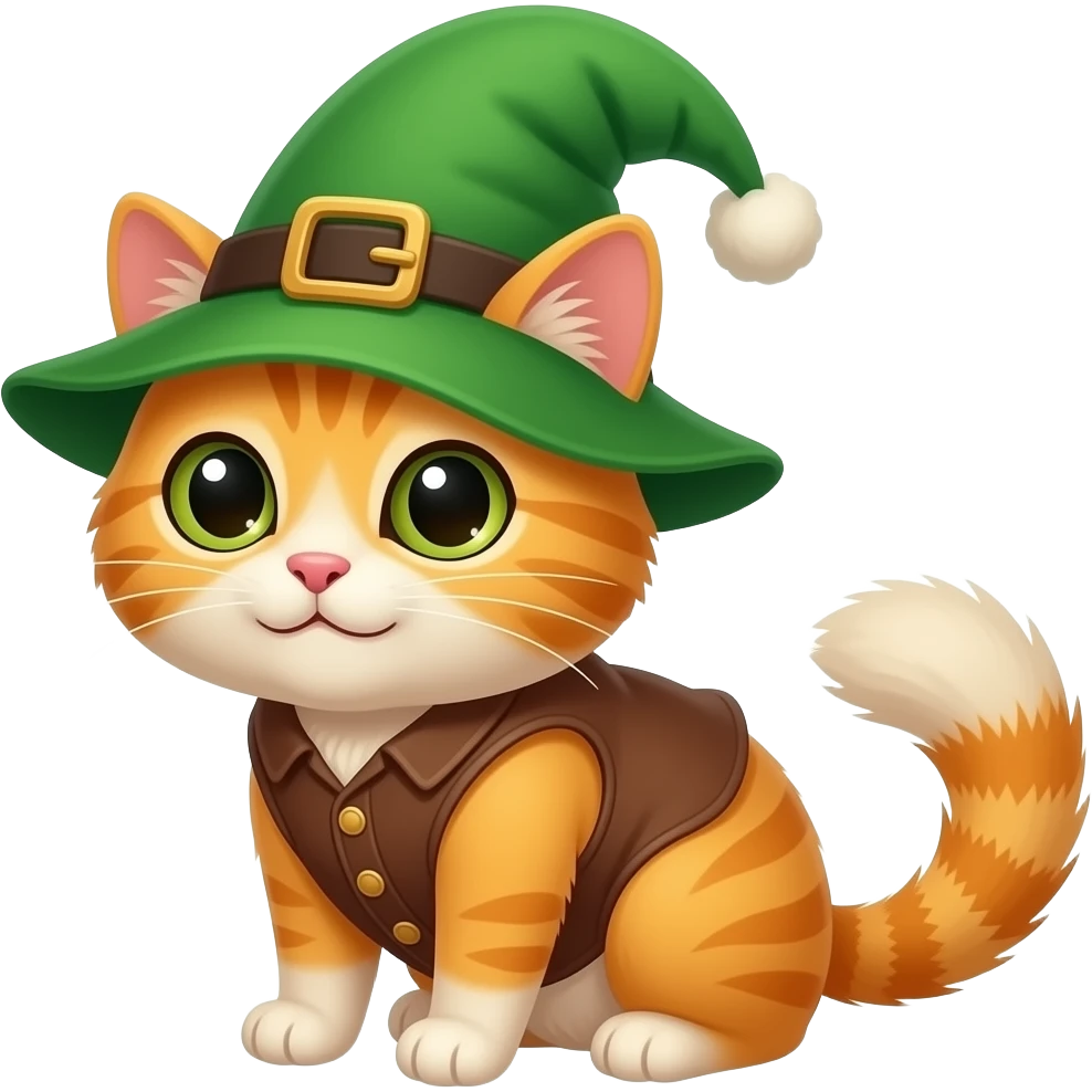 A cute orange cat dressed like a gnome with a tail emoji