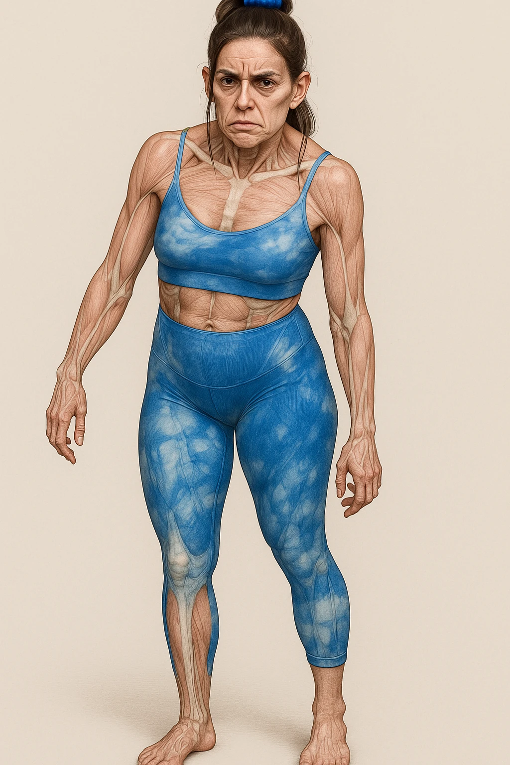 Donna in abbigliamento sportivo, postura asimmetrica, stile medico realistico, muscoli e ossa visibili, segni specifici di stress cronico: mascella serrata, spalle sollevate, rughe sulla fronte, occhiaie marcate, mani contratte, sfondo neutro, formato verticale. emoji