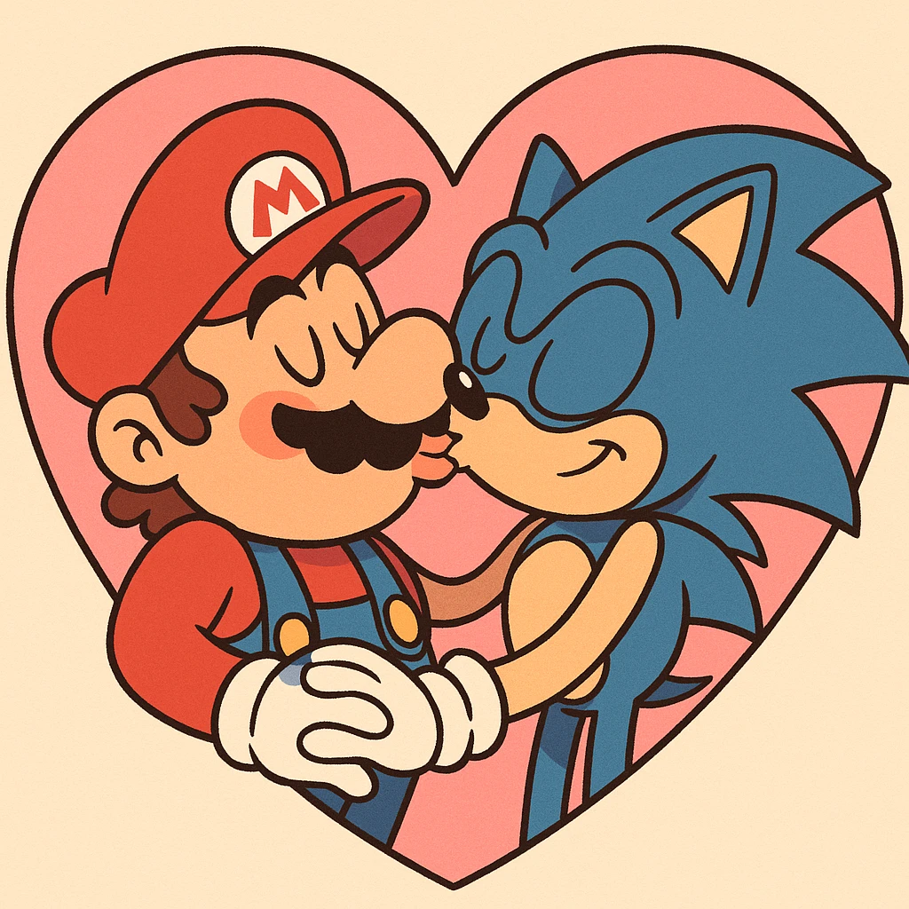 Mario and Sonic kissing, in a heart-shaped frame, cheerful and fun, bright colors, cartoon style emoji