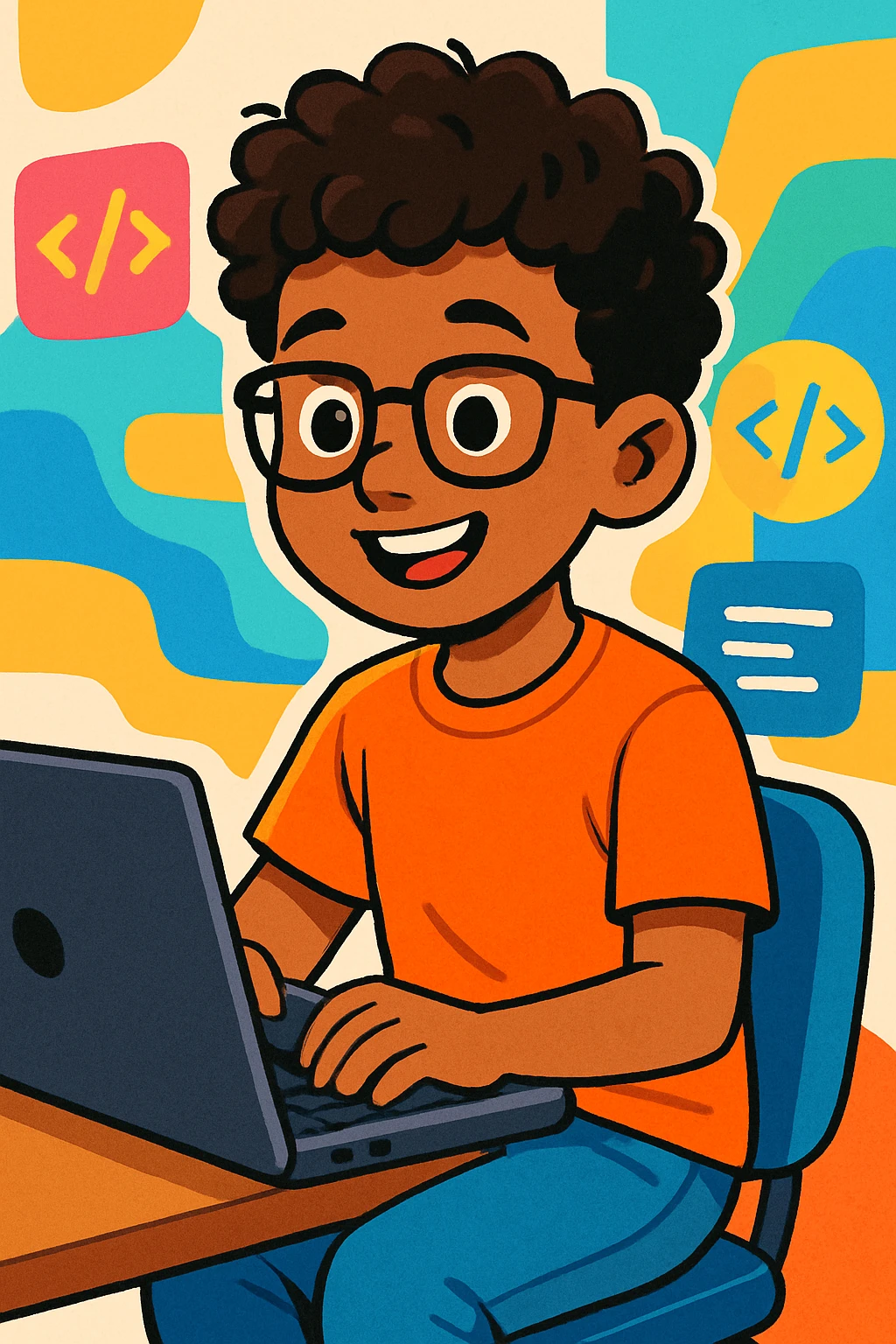 child programmer, modern style, sitting at a laptop, smiling, bright colors emoji