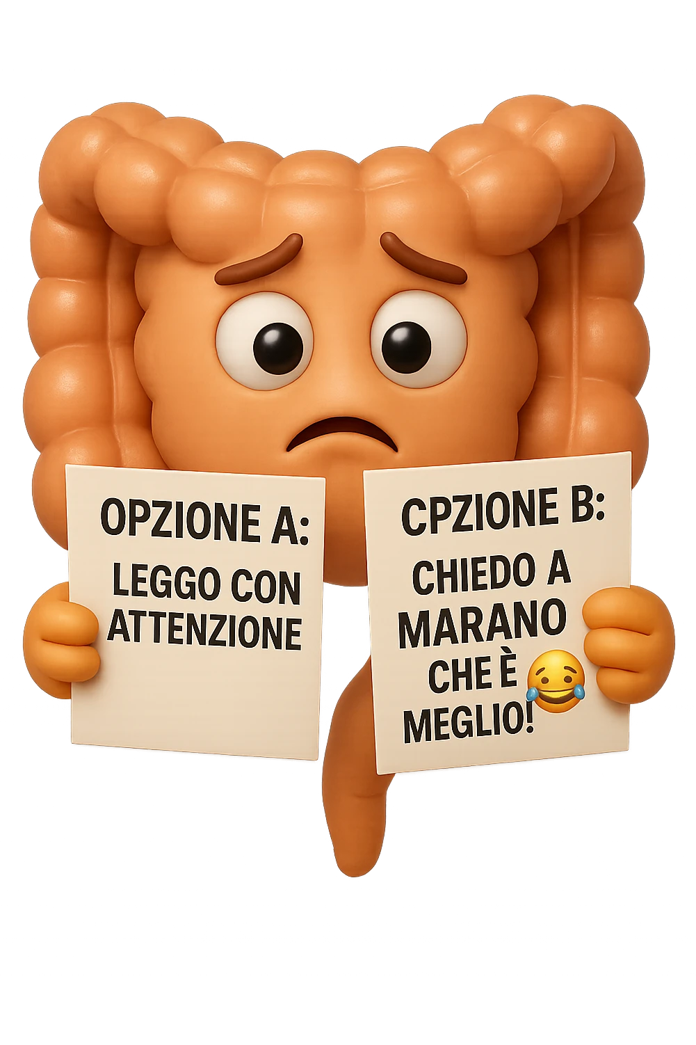 SU QUESTO STILE FAI UN EMOJI STILE IPHONE 3D DI UN INTESTINO CHE HA nella mano destra "OPZIONE A: LEGGO CON ATTENZIONE" E NELLA MANO SINISTRA" OPZIONE B: CHIEDO A MARANO CHE è MEGLIO! (METTICI UNO SMILE CON RISATE QUI)", FAGLI UN ESPRESSIONE CONFUSA MENTRE GUARDA L'OPZIONE A E FALLO MOLTO REALISTICO IN 3D emoji
