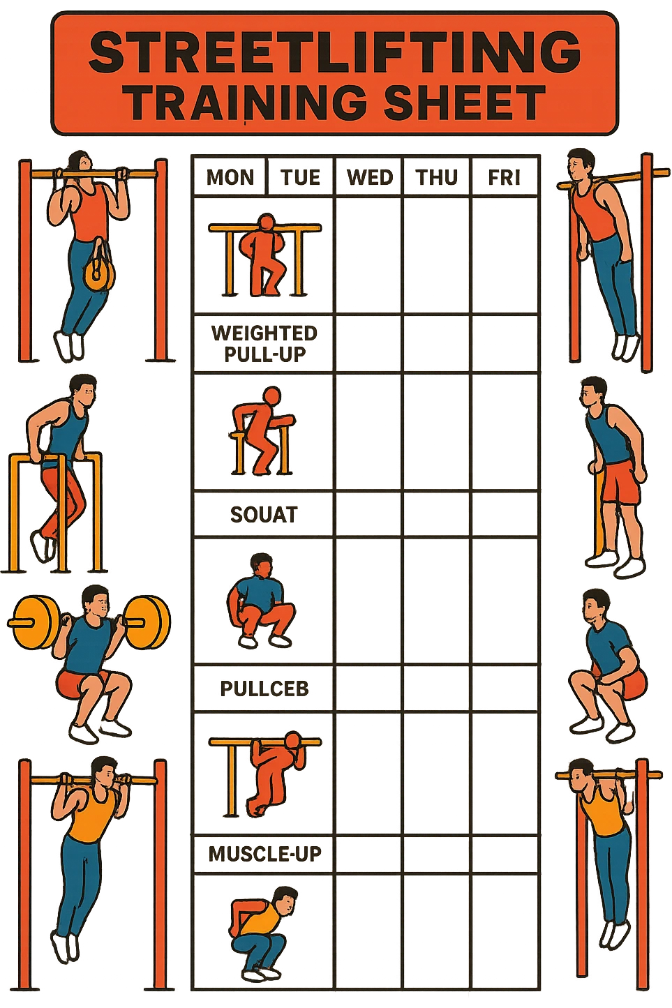 a streetlifting training sheet with icons for each exercise—weighted pull-ups, weighted dips, squats, muscle-ups—organized in a weekly schedule. Around the sheet, small illustrations show athletes performing each movement with proper form. The color palette is bold and energetic, and the background is clean and minimal. emoji