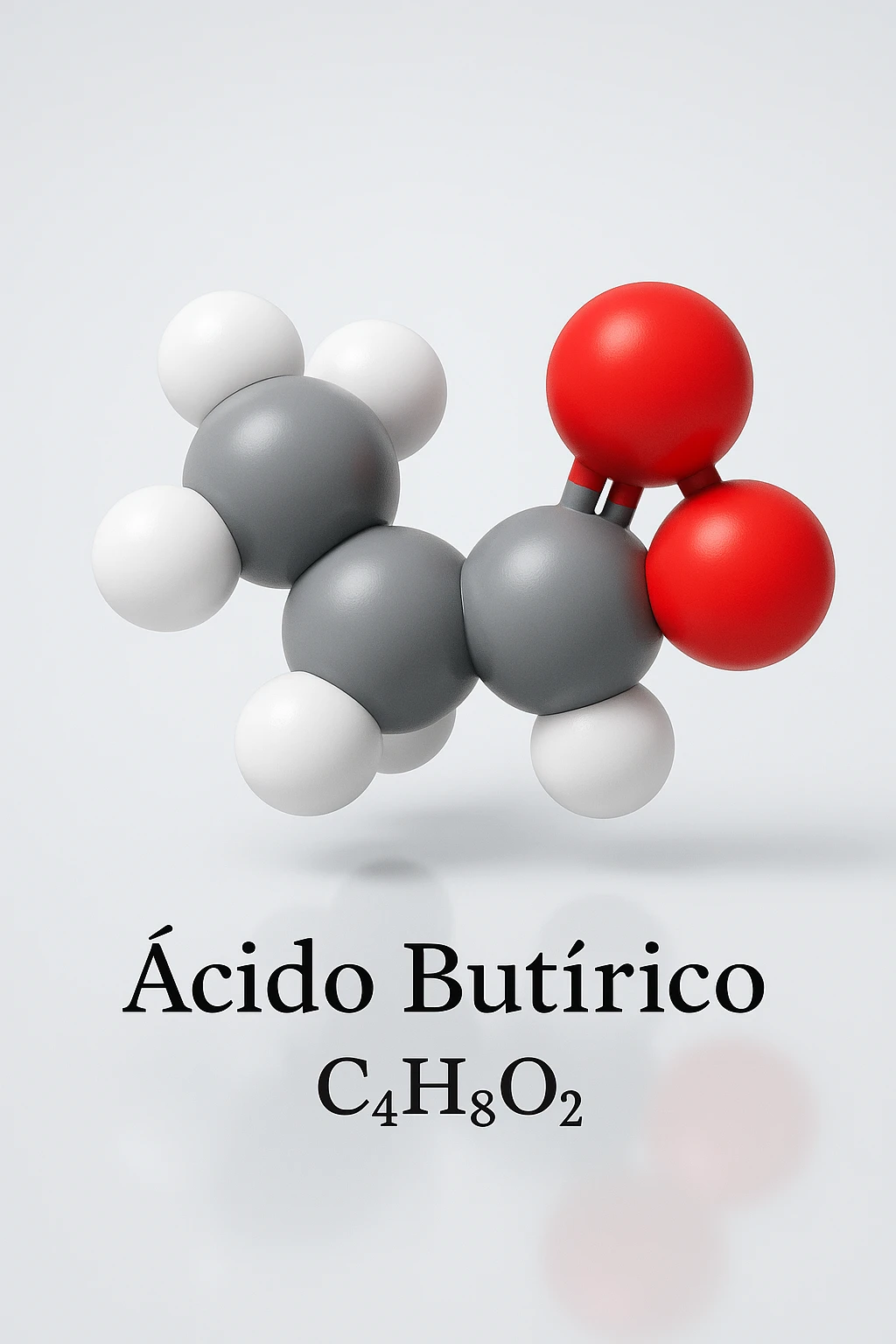 a detailed space-filling model of butyric acid, with each atom color-coded (carbon: gray, hydrogen: white, oxygen: red). The molecule is centered and slightly rotated to show depth, with a subtle reflection on the surface below. The name “Acido Butirrico” and the formula C4H8O2 appear as clear labels. emoji