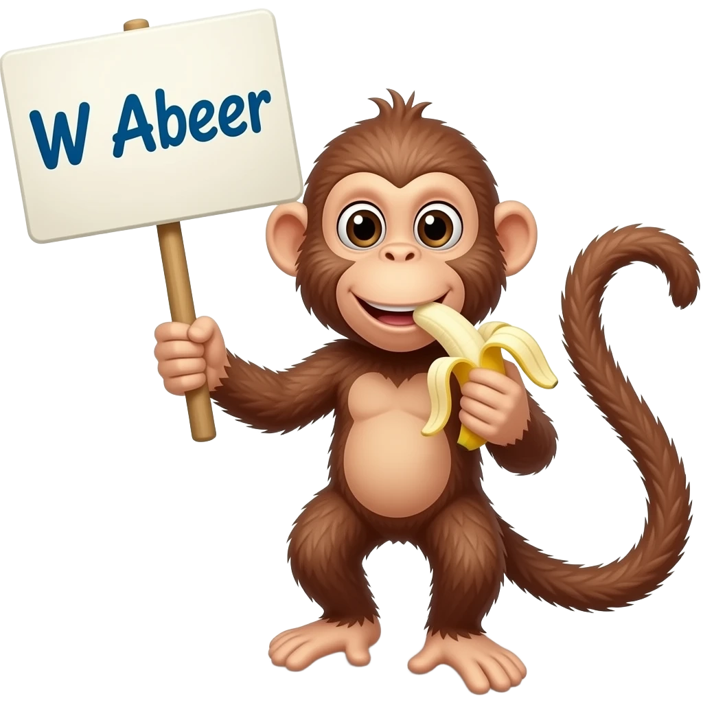 make a monkey with a sign, "W Abeer" eating a banana emoji