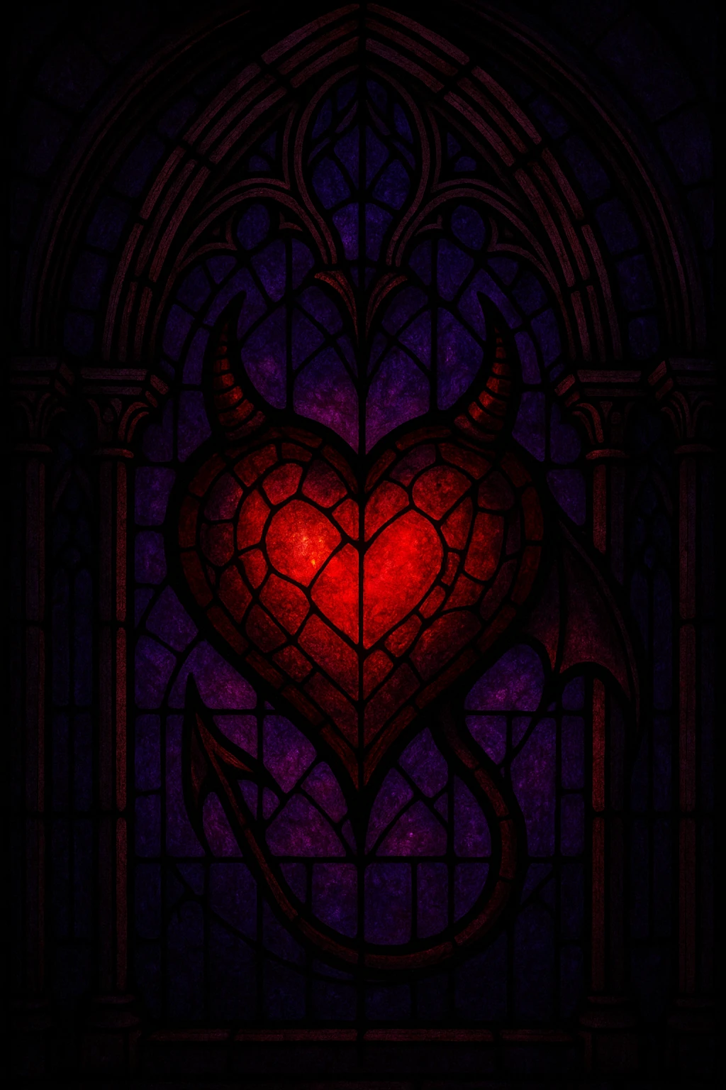 Create a gothic devil heart with a stained glass effect, glowing red and purple colors, surrounded by gothic arches for a dramatic and mystical look. emoji