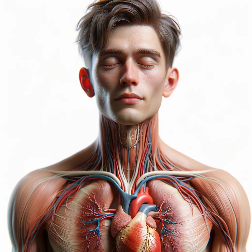 corpo umano anatomico con capelli corti in perfetta salute con gli occhi chiusi ed espressione serena a figura intera fino alle ginocchia, cuore e organi in evidenza, iperrealistica 4k, isolato su sfondo bianco emoji