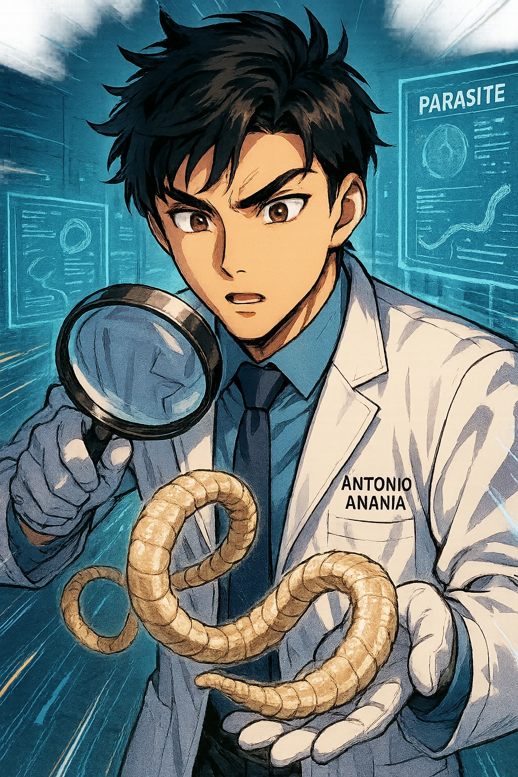 A dynamic manga/webtoon-style illustration of a young male kinesiologist wearing a clean white lab coat, analyzing light beige worms like a tapeworm under a magnifying glass. His expression is focused and slightly intrigued, with sharp, detailed eyes. The art style is vibrant, with bold linework, rich colors, and dramatic lighting. The background is a futuristic laboratory with glowing holographic screens displaying parasite data. The tapeworm is intricately drawn, slimy and segmented, with a slightly exaggerated yet realistic texture. The composition is dynamic, with motion lines or energy effects to emphasize his scientific investigation. The atmosphere is intense but not dark, keeping a balance between scientific seriousness and stylish manga aesthetics, he has "ANTONIO ANANIA" WRITTEN ON WHITE LAB COAT emoji