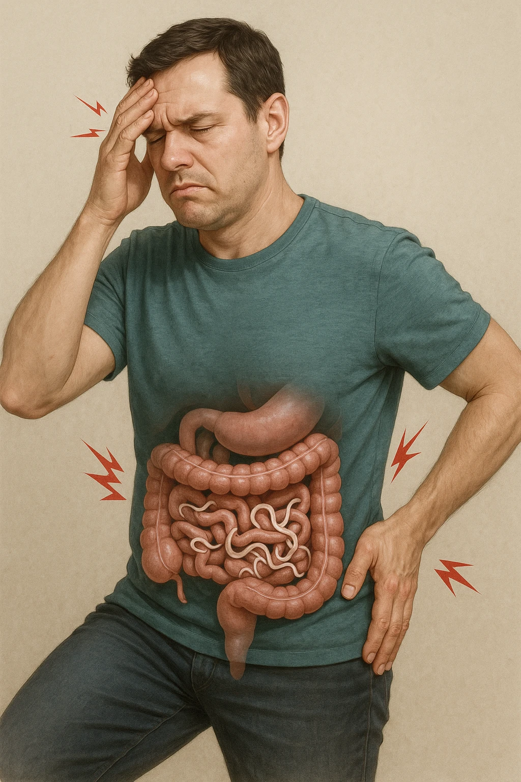 uomo che ignora i suoi un mal di testa, mal di schiena e dolore articolare e ignora ogni segnale e messaggio che il corpo manda per avvertirlo, ma alla fine dipendono tutto dai parassiti intestinali realistica emoji