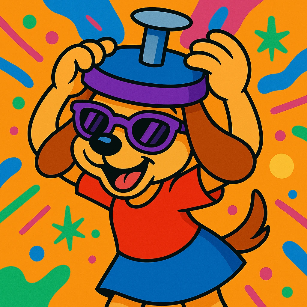 Add a vibrant, colorful background behind the playful puppy girl character holding a nail-themed hat above her head, wearing sunglasses that are half purple. Keep the fun, expressive cartoon style. emoji