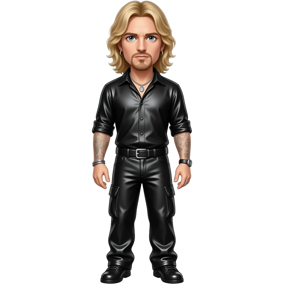 James Hetfield with blue eyes, sandy blonde hair, black metallic shirt, black metallic baggy pants, silver necklace emoji
