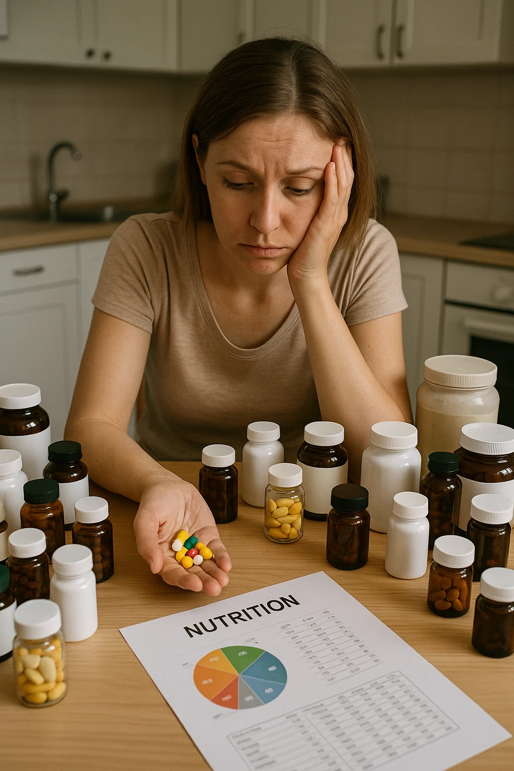 a woman in her 30s sits at her kitchen table, surrounded by dozens of supplement bottles, powders, and pills. She looks anxious and fatigued, with her head resting in one hand while the other holds a handful of colorful capsules. On the table, a nutrition chart is ignored, and her skin appears slightly dull or stressed. The mood is cautionary and educational. emoji