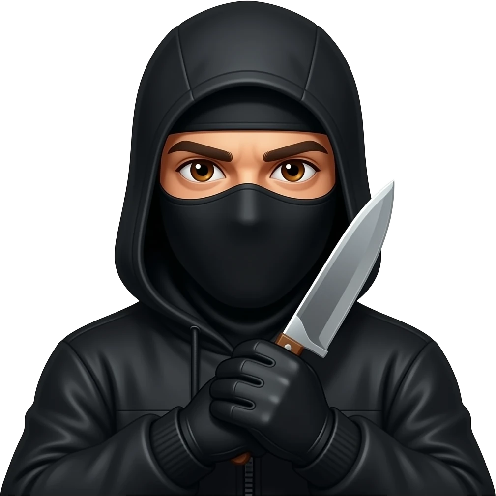 Spanish Man brown eyes wearing all black in balaclava hood and gloves with knife emoji