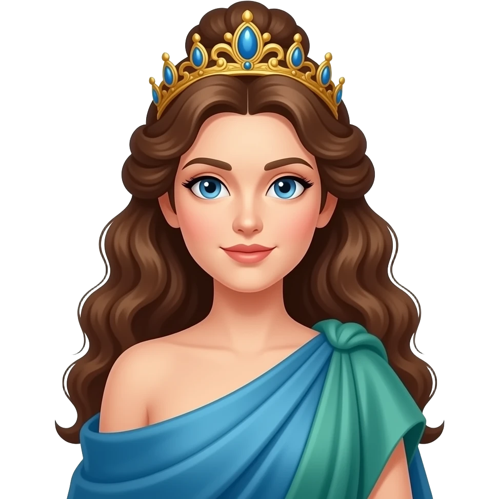 Juno from Roman Mythology with blue eyes, long brown curly updo hair, gold goddess crown, blue and green draped gown emoji