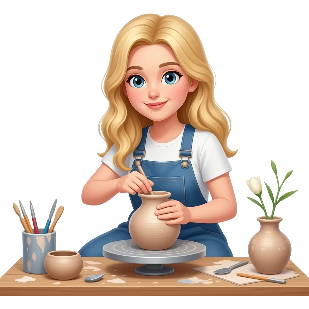 Blond long hair girl doing pottery, simple emoji