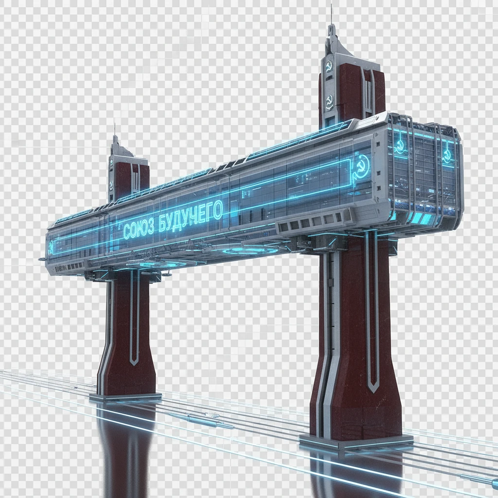 Небоскреб как будто из альтернативного СССР будущего. Две высокие стойки, как столбы. На них лежит огромный горизонтальный небоскреб, очень длинный в обе стороны.

Фотореализм. Прозрачный фон emoji