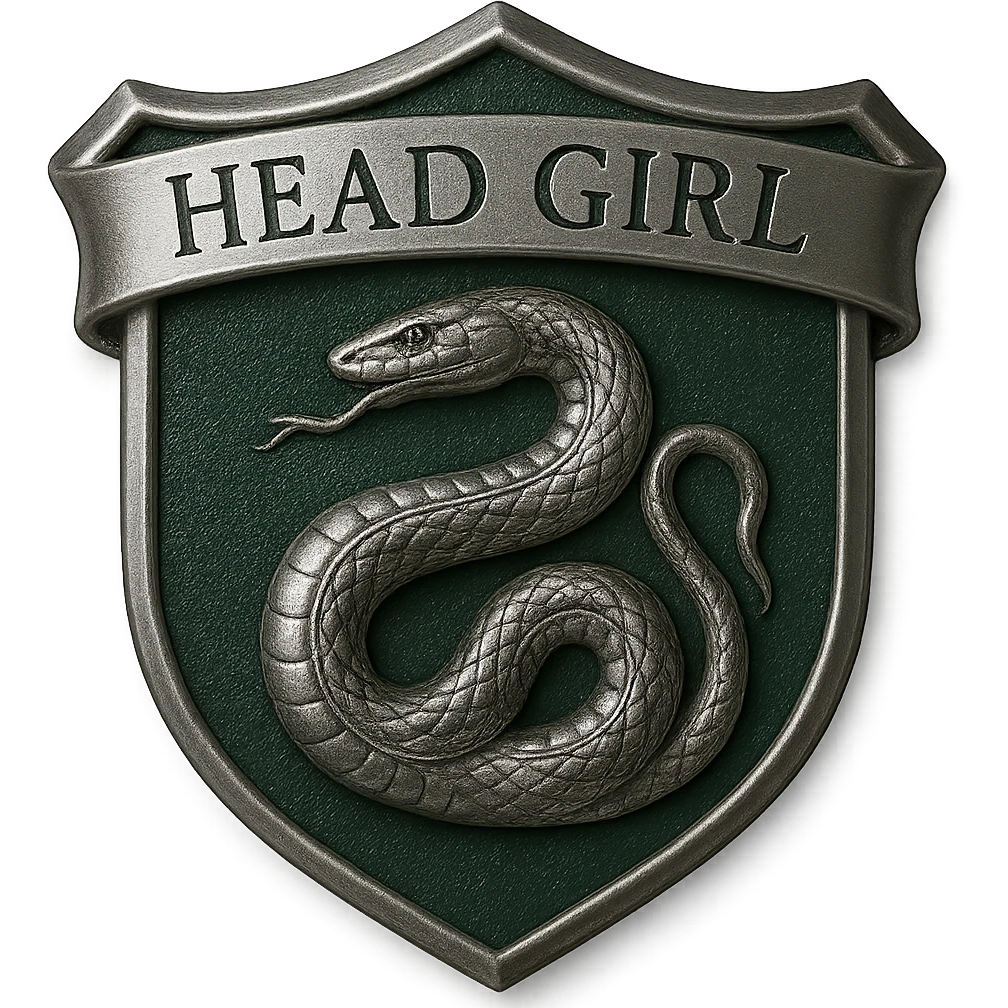 Transform this badge into a realistic Slytherin head girl badge. Replace the lion emblem with a detailed serpent emblem. Change the colors to Slytherin's green and silver. Update the text to 'Head Girl'. Keep the polished, metallic style and remove any Gryffindor elements. The style should be realistic and polished metallic badge style. emoji