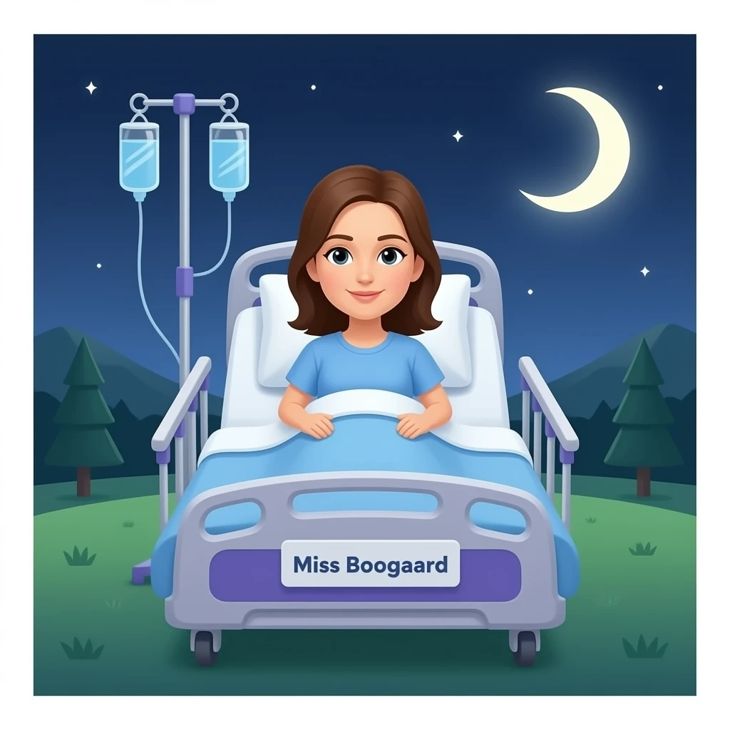 Blue and purple hospital bed with name Miss Boogaard emoji