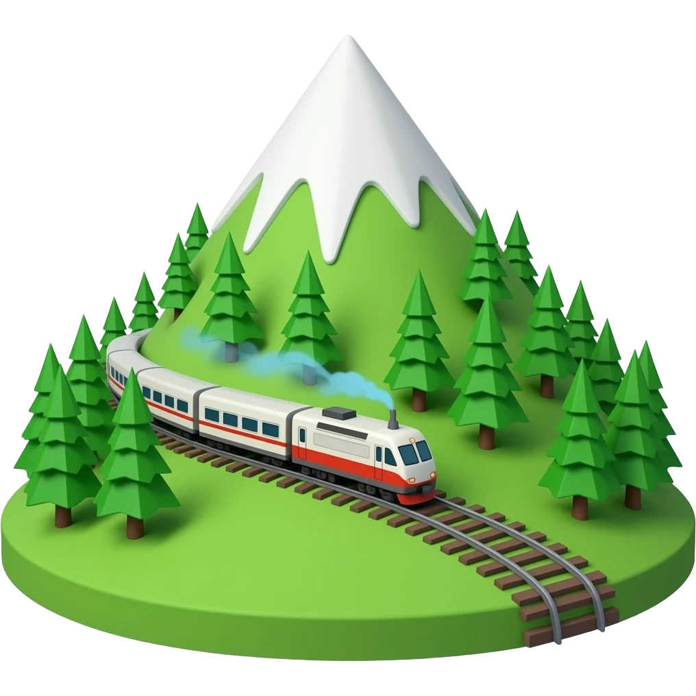 Emoji style train on a mountain of grass lots of trees and a sun emoji