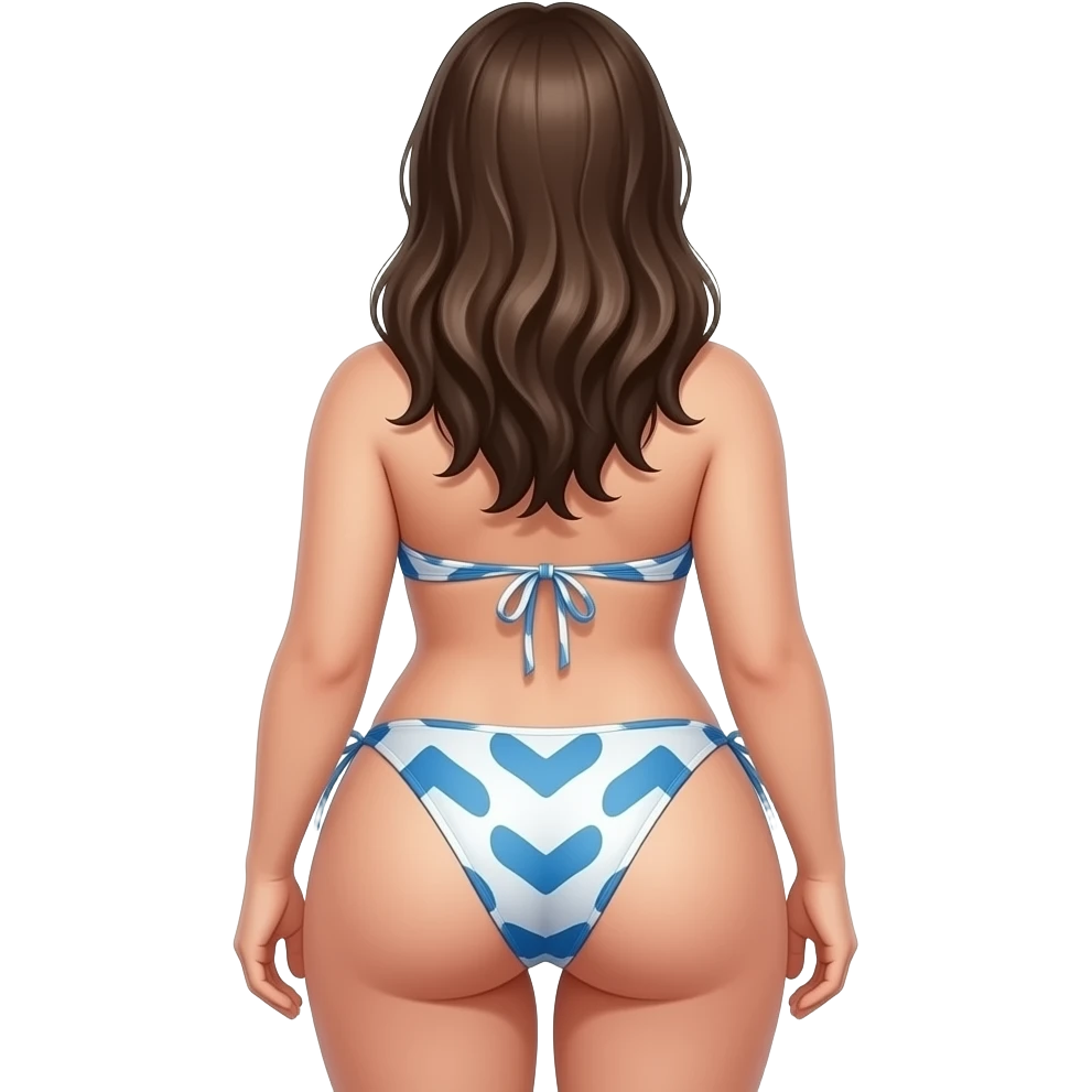 emoji style girl from behind wearing bikini, curvy body, head in front  detailed hair, emphasized hips, standing pose, slightly arched back, soft shading, high detail, sticker style, clean background emoji