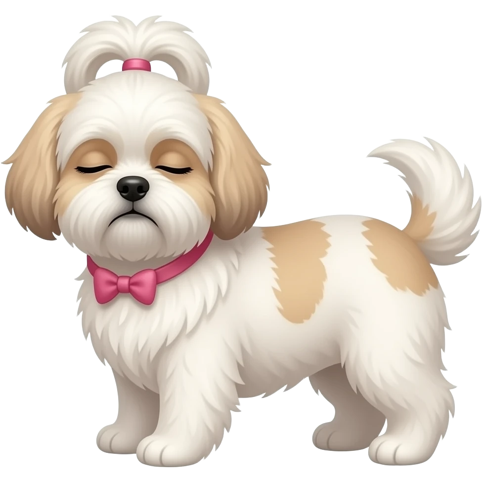 Blondie teenage girl sleeping with white Shitzu that has pink stripes emoji