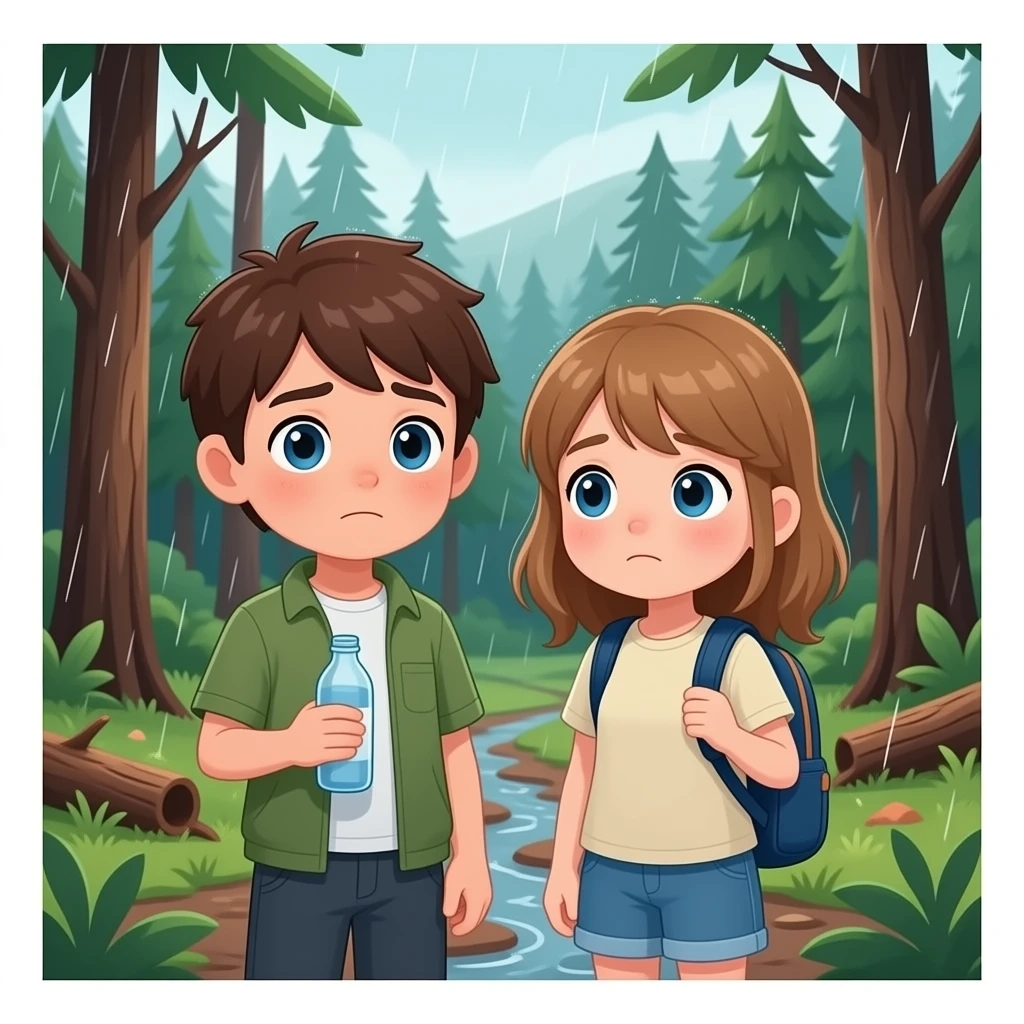un bosque desforestado con dos niños, chico y chica  cansados el chico castanyo i con pelo corto y la chica pelo suelto y un poco rubia pero castaño y los dos tienen ojos azules son hermanos con uno una botella i otro una mochila. esta lloviendo mucho emoji