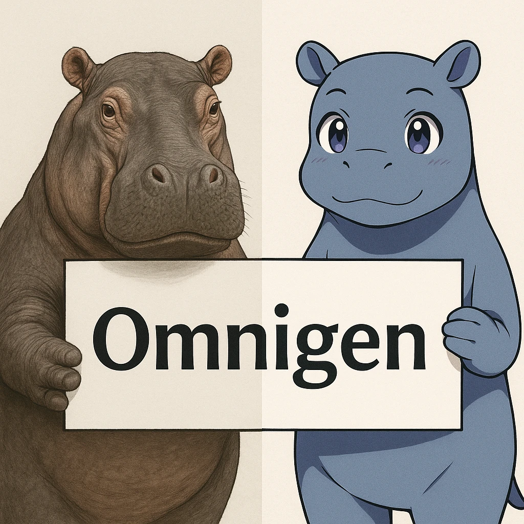 two hippo holding sign of omnigen, half picture 1 hippo is realistic another half is the anime of that same second hippo emoji