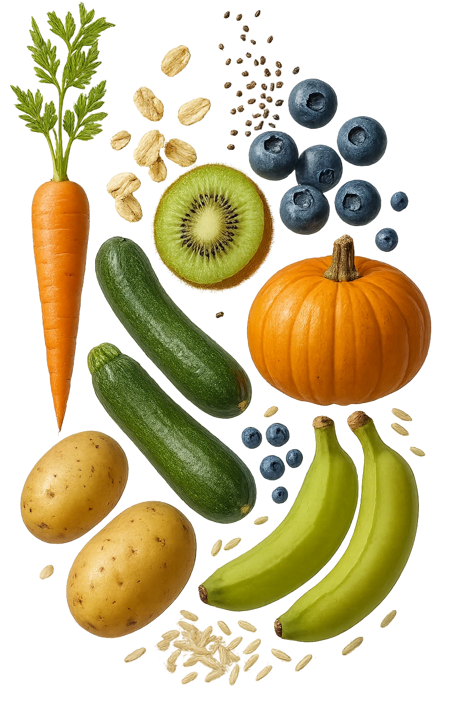 carota, fiocchi di avena, zucchine, kiwi, mirtilli, semi di chia, patate, banane acerbe, zucca, riso fluttuano in aria verticalmente, iperrealistici 4k emoji