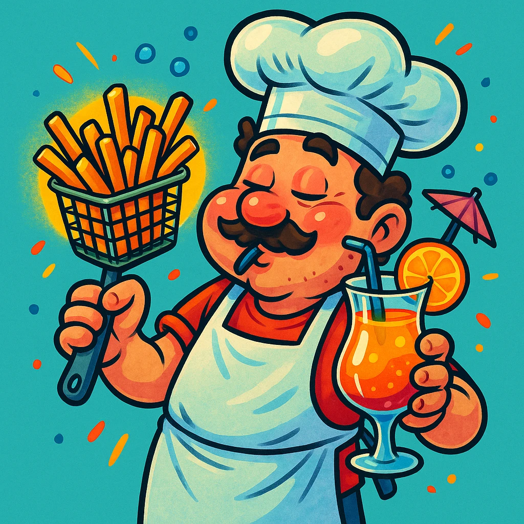 A drunk chef holding a fryer basket with hot chips in it, sipping on a mocktail, playful and expressive, clear chef hat and apron, vibrant colors, cartoon style emoji