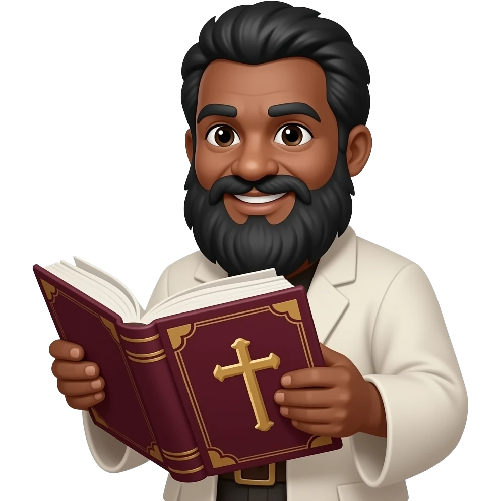 wise old man with greying black hair white beard black skin smile with burgundy book that has a cross on it emoji
