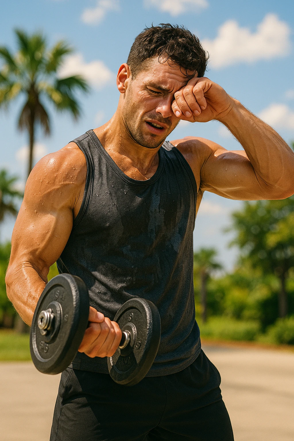 uomo fitness che si allena in estate, tutto sudato, con una mano fa un curl manubri mentre con l'altra mano si asciuga il sudore dalla fronte, espressione affaticata in volto emoji