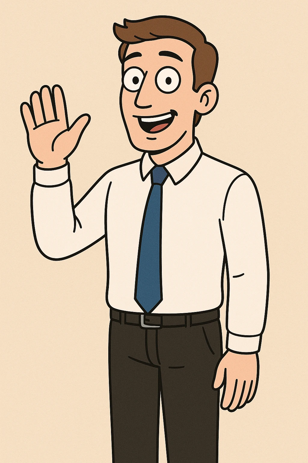 A man sky brown hair Marine Blue Colours Satin Tie White Whistler Classic Oxford Shirt black Apollo Flat Front Trouser hand to say hello emoji