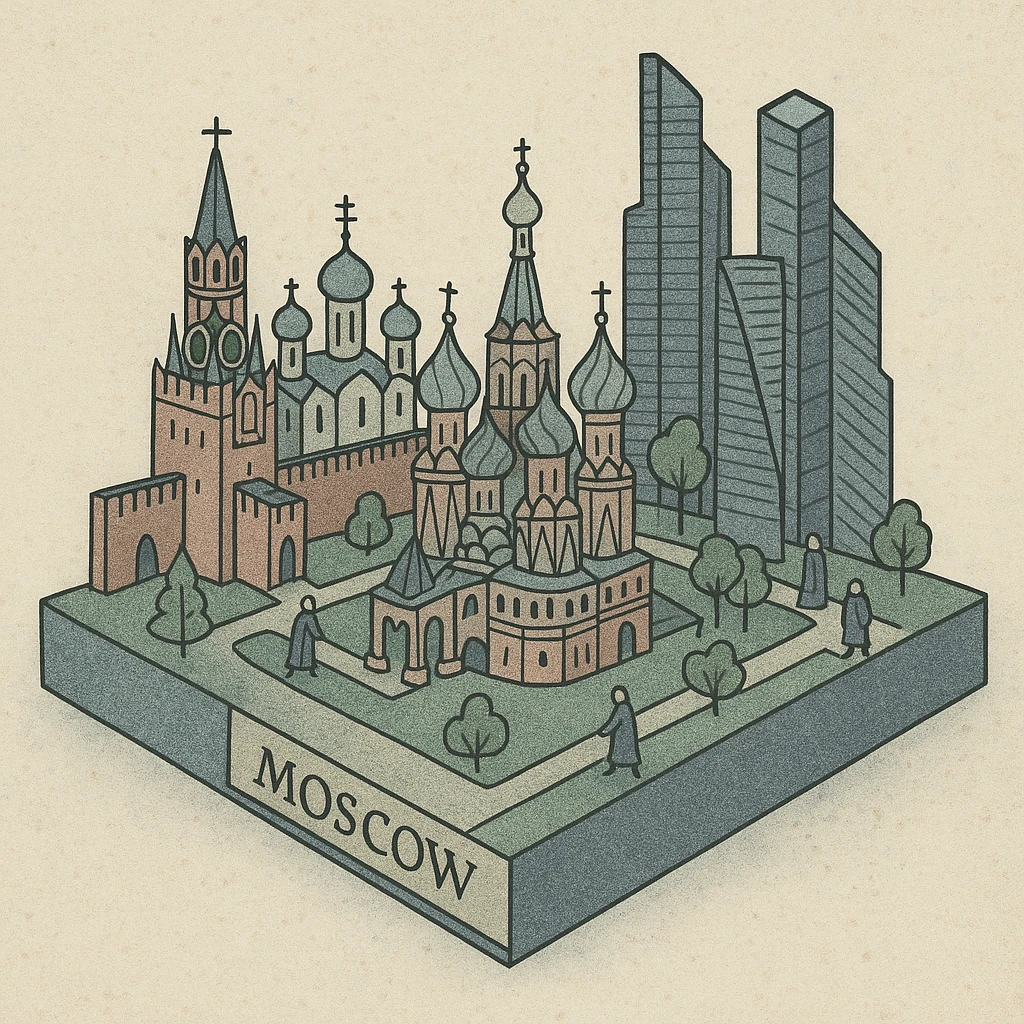 Изометричная миниатюрная 3D модель Москвы на подставке - фотореалистичный Кремль, собор Василия Блаженного, Башни Москва-Сити, аккуратная детализация, яркие цвета, мультяшный реализм, компактная композиция,  вид сверху в изометрии emoji