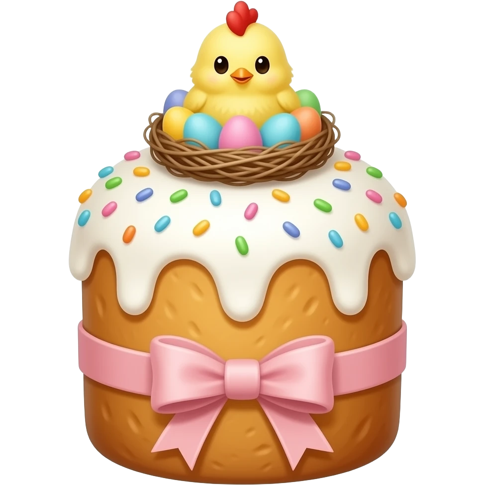 панеттоне золотистого цвета, высокий, с белой глазурью с разноцветной  посыпкой,  с ленточкой вокруг светло розового цвета и украшением сверху в виде гнездышка с очень мелкими  яичками пастельных, желтым пушистым птенчиком с красным гребешком emoji