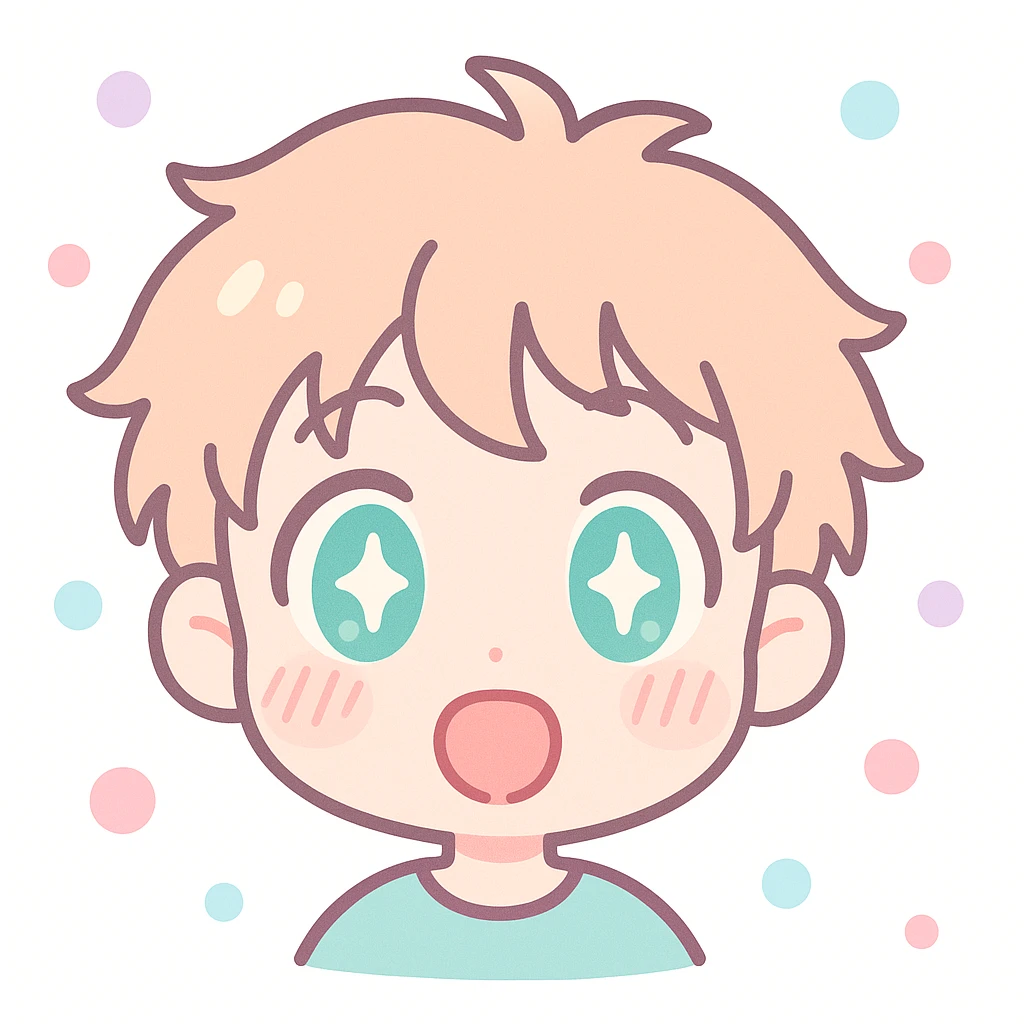 anime themed emoji of a boy, surprised face, wide open eyes, messy hair, energetic vibe emoji