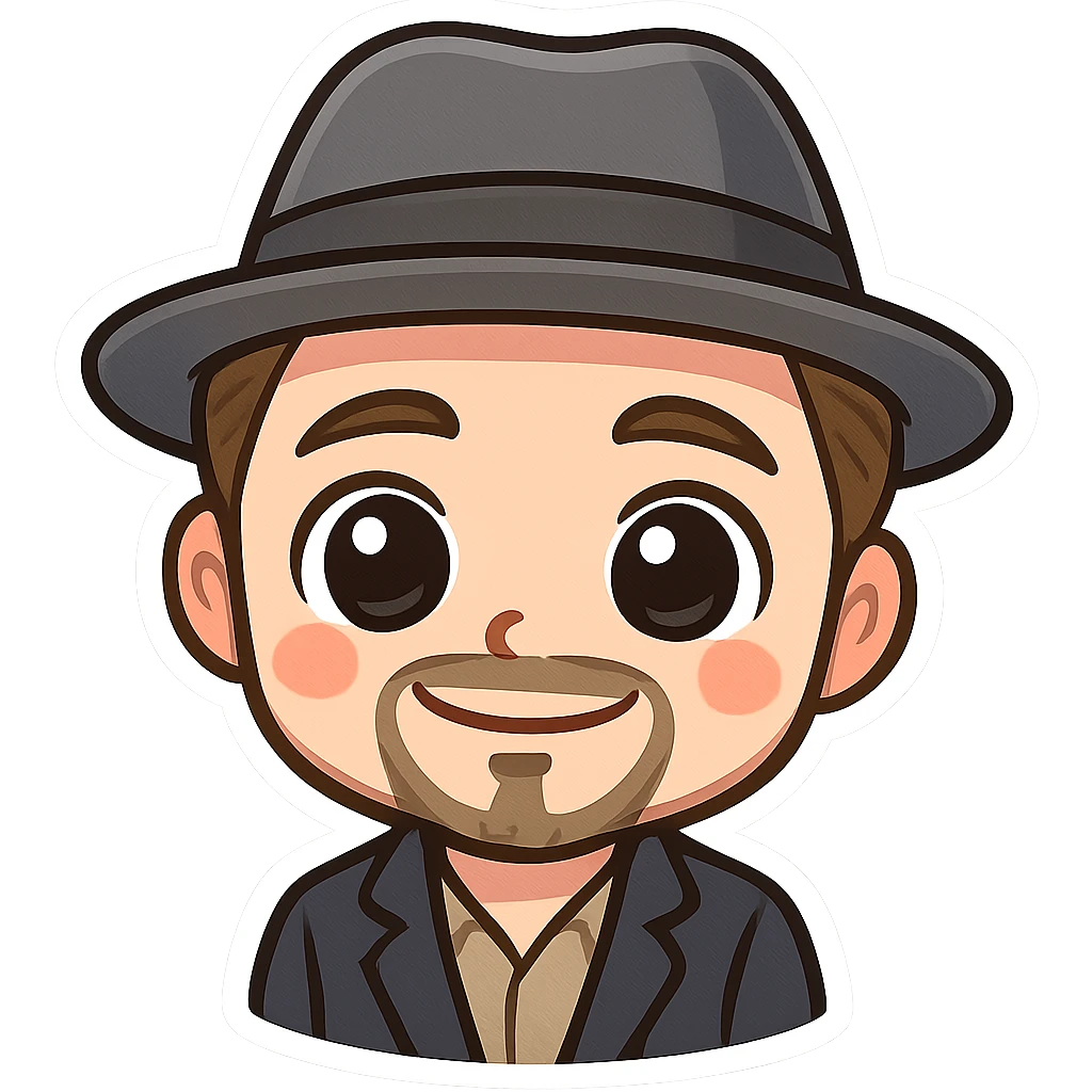 adorable chibi emoji of Leonardo DiCaprio's face with big eyes and a fedora hat, cartoon style emoji