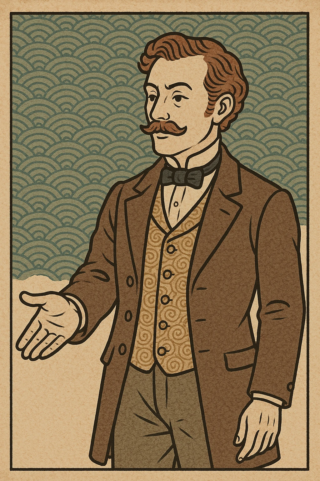 Victorian man in period clothing, holding out his hand, ukiyo-e style emoji