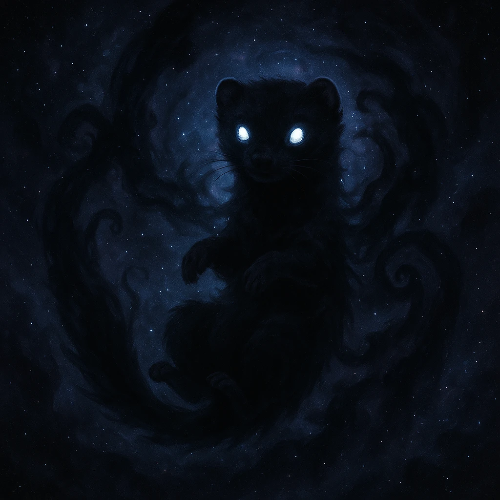 void ferret, mysterious, cosmic, swirling dark energy, glowing eyes, floating, in a surreal space environment emoji