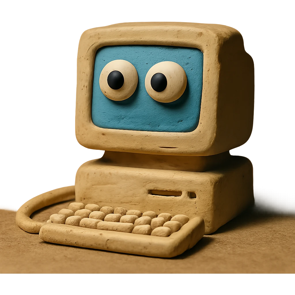 AI computer with expressive eyes in claymation style emoji