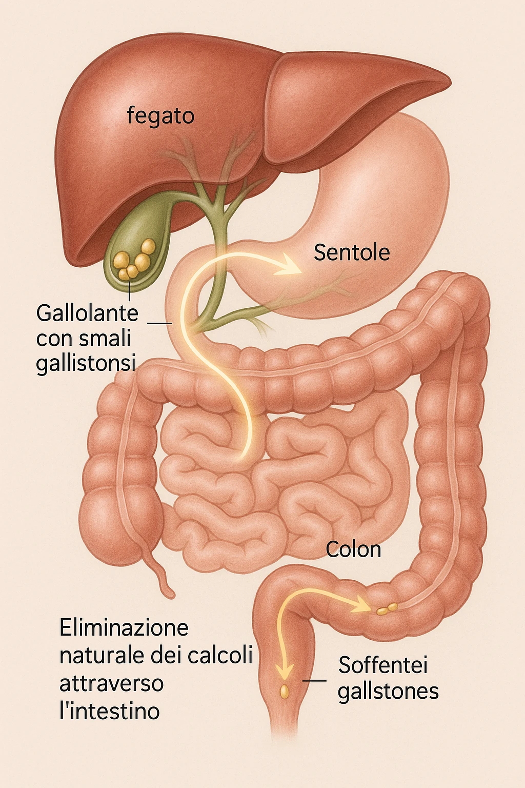 A realistic, educational medical illustration showing the human digestive tract focusing on the liver, gallbladder, bile ducts, and intestines. The gallbladder is depicted with small gallstones inside. A soft glowing arrow indicates the flow of bile and small stones moving naturally from the gallbladder through the bile ducts into the intestines. In the colon, small softened gallstones are shown being prepared for elimination, symbolizing their removal through bowel movements. The style is clean, precise, and clear with soft anatomical colors (greens, soft reds, and yellows) and faint glowing arrows to illustrate the process. The background is a subtle neutral gradient to keep the focus on the organs and the pathway. The image conveys the concept of natural gallstone elimination through the intestines via the stool in a clear, non-graphic, and educational way in italiano emoji