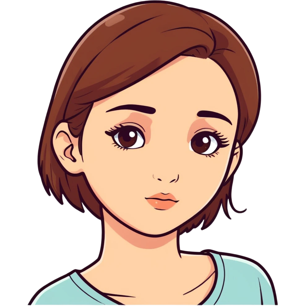 Girl with brown hair and brown eyes, straight eyebrows, long lashes, little cute nose, cute lips emoji