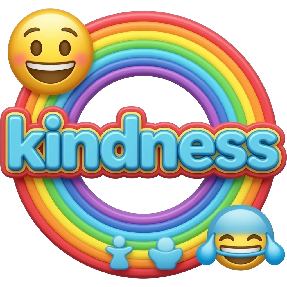 name "kindness" in baby blue, 3D style typography lettering, each color of the rainbow as a border outlined around each letter, isolated, 3d rendering, no emoji icons no emoji faces and must have no human figures emoji